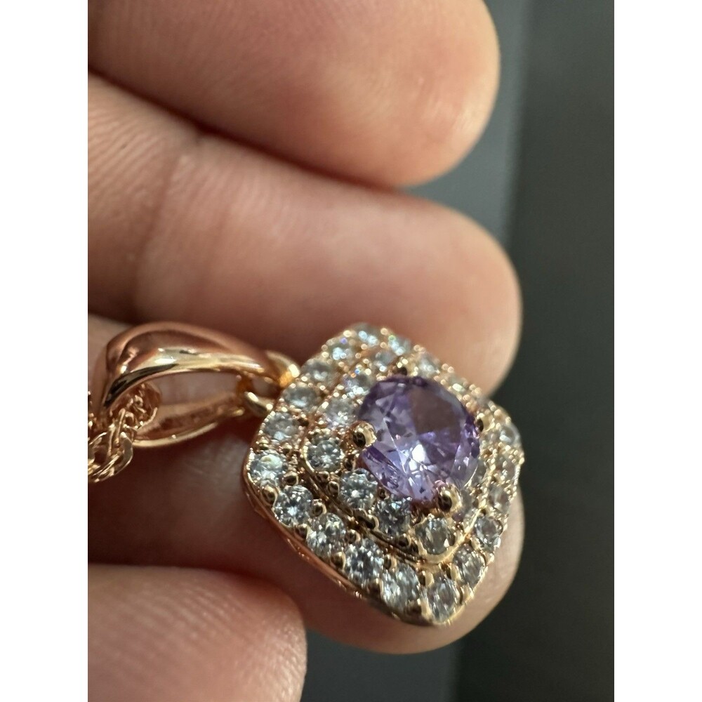 585 14K RG Stamped Rolled Gold Purple Crystal Square Pendant 19” Necklace Chain - Picture 6 of 7